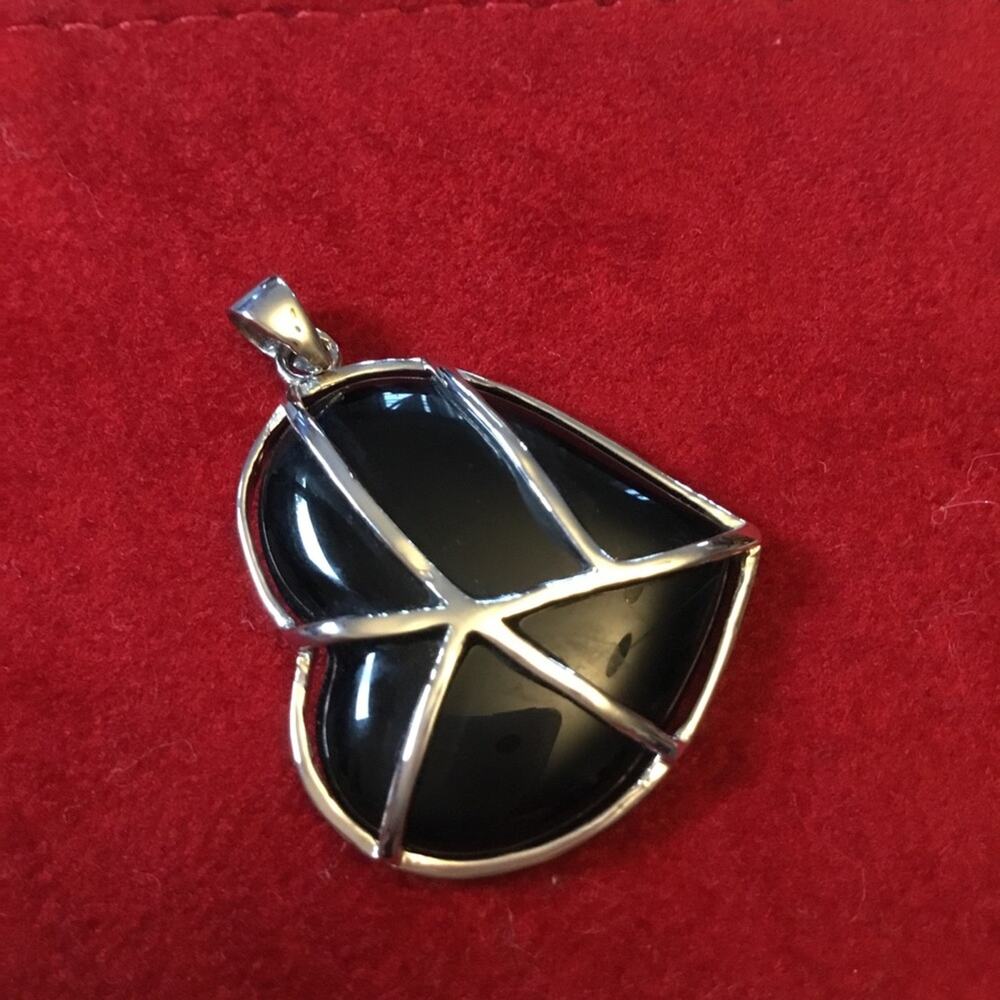 Sterling Silver Black Onyx Heart Pendant (925 Marked)